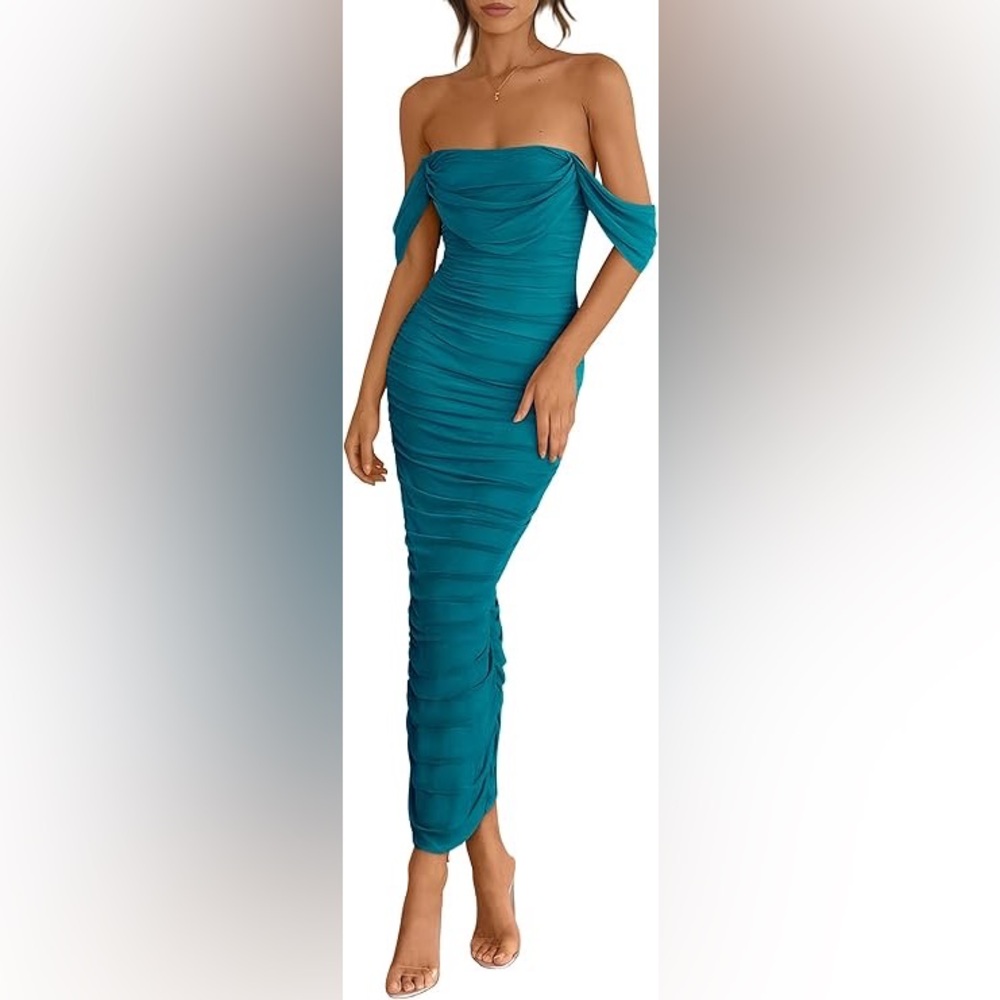 Off The Shoulder Dress Ruched Bodycon Sleeveless Split Cocktail Party Maxi Dress